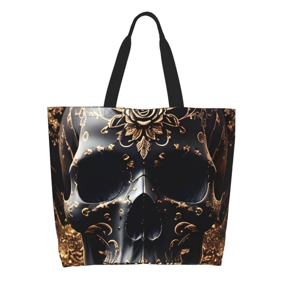 Kdxio Gold Pattern Black Skull Casual Tote Bags Women Big Capacity Shoulder Bag for Women Travel Shoulder Bags Handbags