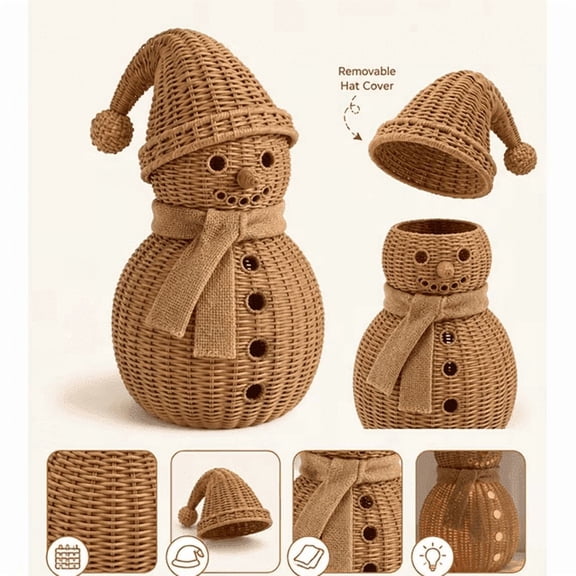 Handcrafted Rattan Christmas Snowman Figure, Rustic Rattan Snowman for Indoor Outdoor Holiday Decorating, Home Kitchen Table Garden Centerpiece