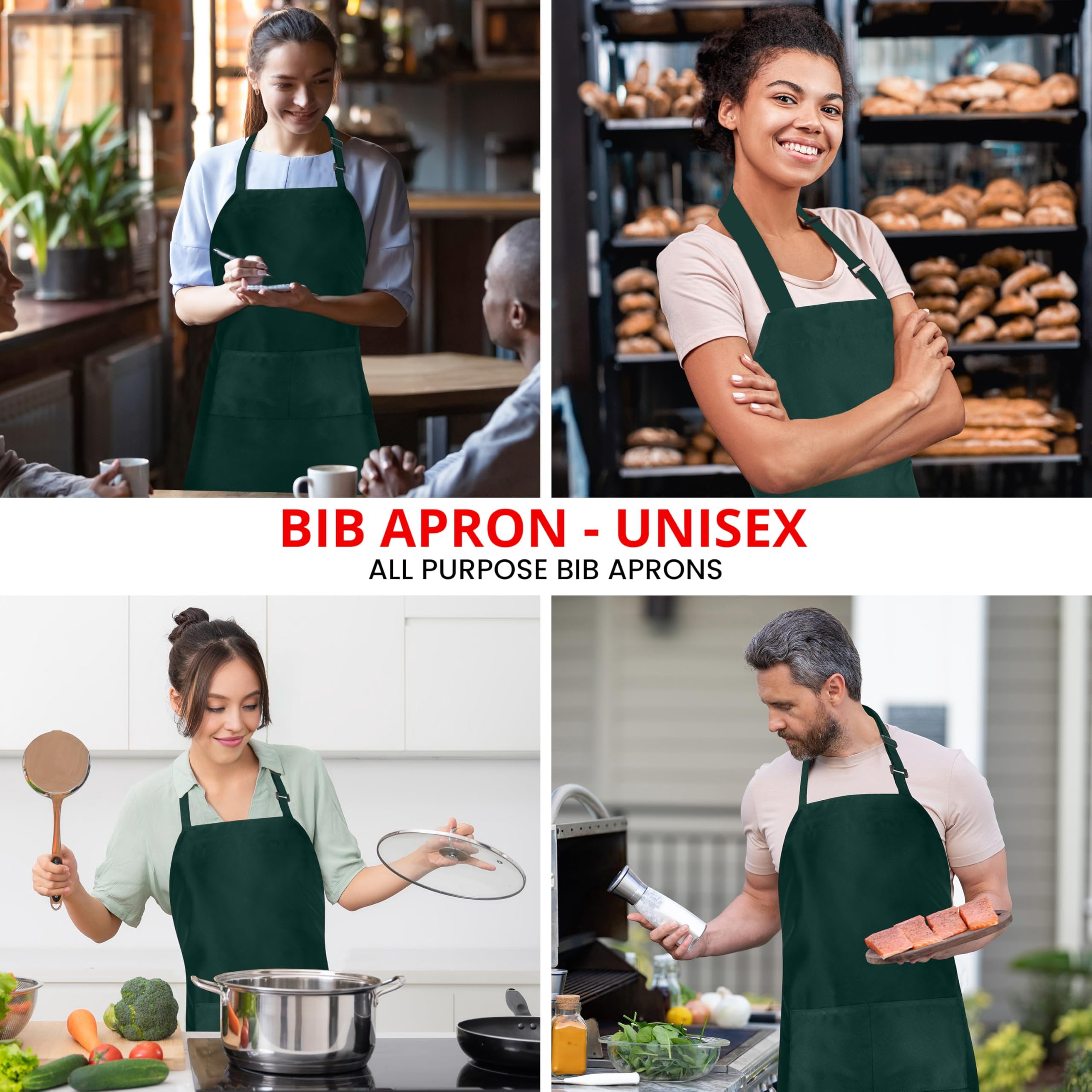 Utopia Kitchen 10 Pack Bib Apron, Unisex Adjustable Aprons with 2 Pockets, Waterdrop Resistant Cooking Kitchen Chef Apron for Men Women, Green
