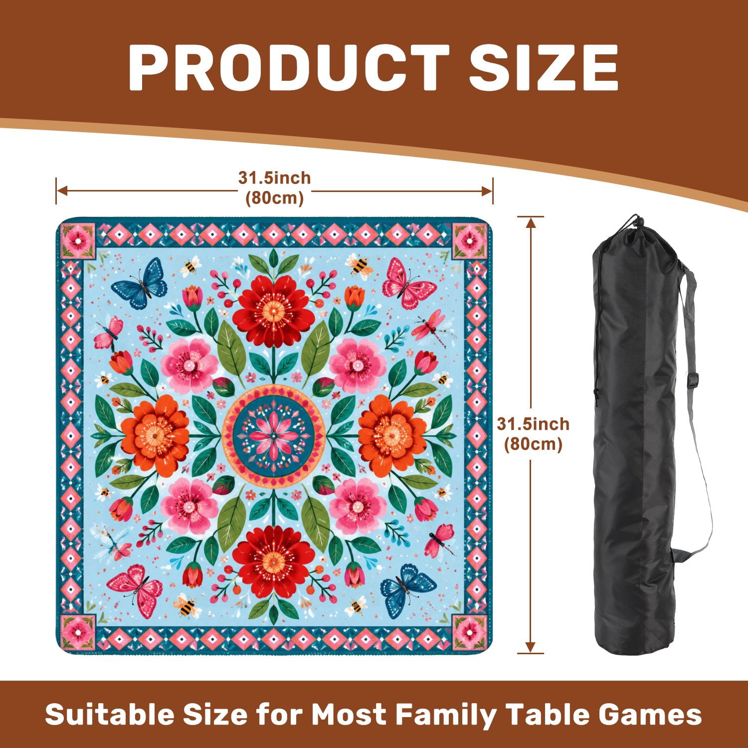Mahjong Mat 31.5" x 31.5" Floral Mandala Red Yellow Flowers Blue Non-Slip Noise Reduction Mahjong Tiles Table Cover for Dominoes Poker Card Board and Tile Games