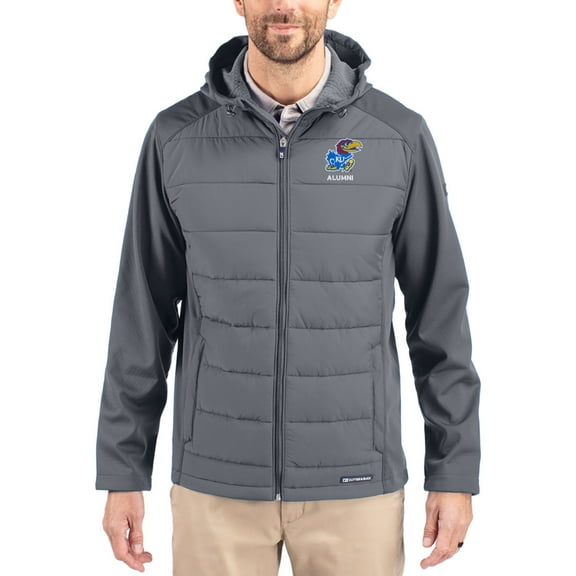 Men's Cutter & Buck Gray Kansas Jayhawks Evoke Hybrid Eco Softshell Recycled Full Zip Hooded Jacket