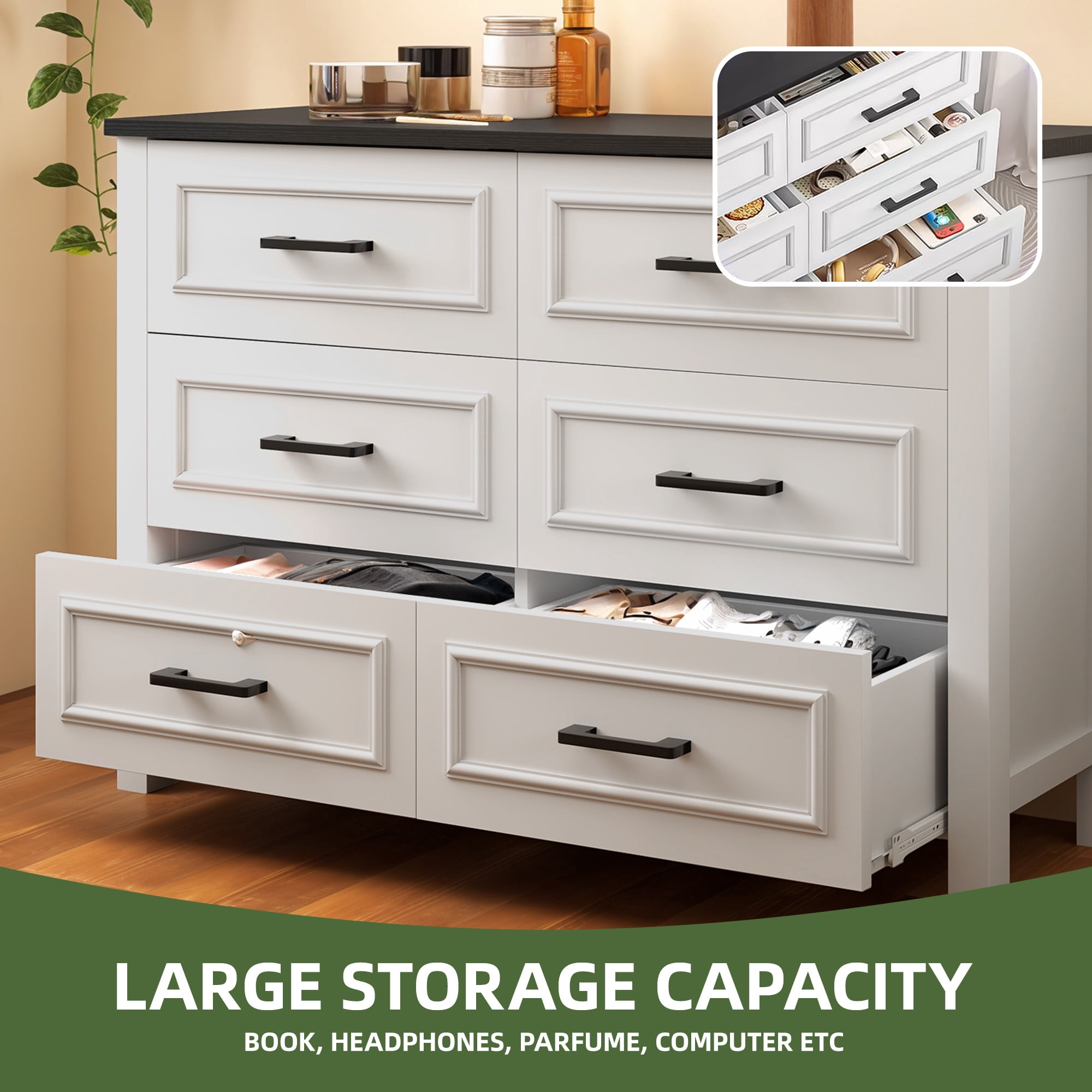 Uforic 6 Drawer Wooden Dresser & TV Stand with Built-in Power Outlet, Sturdy Storage Cabinet for , Living Room, Entryway White