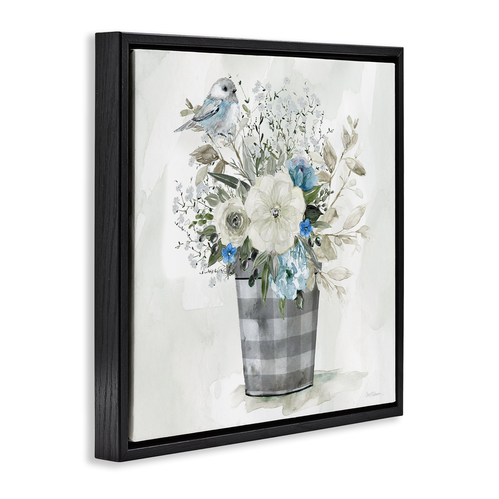 Stupell Industries Cottage Blooms Plaid Vase Plants & Flowers Painting Black Floater Framed Canvas Art Print Wall Art, 18 x 18