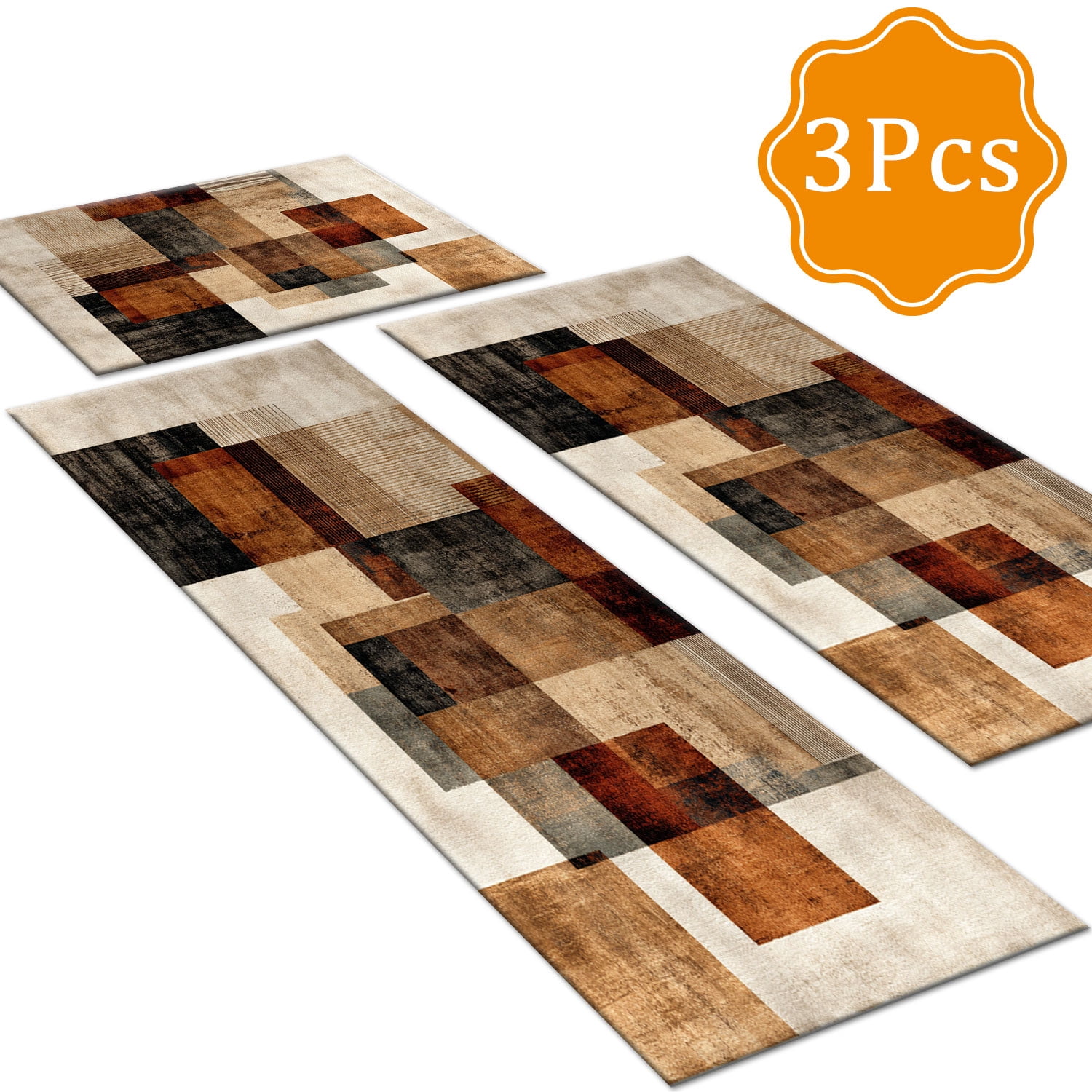 3 Piece Kitchen Rug Set, Non-Slip And Washable, Abstract Pattern Kitchen Hallway Rug, Soft And Comfortable, Suitable For Sinks, Floors, Entrances, Hallways and Bathrooms