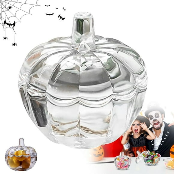 Riforla Halloween Pumpkin Jar Glass Candy Jar Trinket Organizer Clear Cookie Storage Jar with Lid Candy Bowl for Table Centerpieces Desktop Ornament Clear 10x10cm