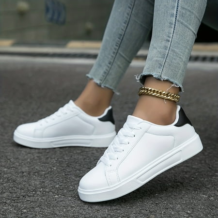 

Fall Aesthetic Casual Versatile Lightweight Breathable Lace Up Sport Shoes White Faux Leather Soft Bottom Skate Shoes Flat Wear Resistance Non Slip Preppy School Sneakers