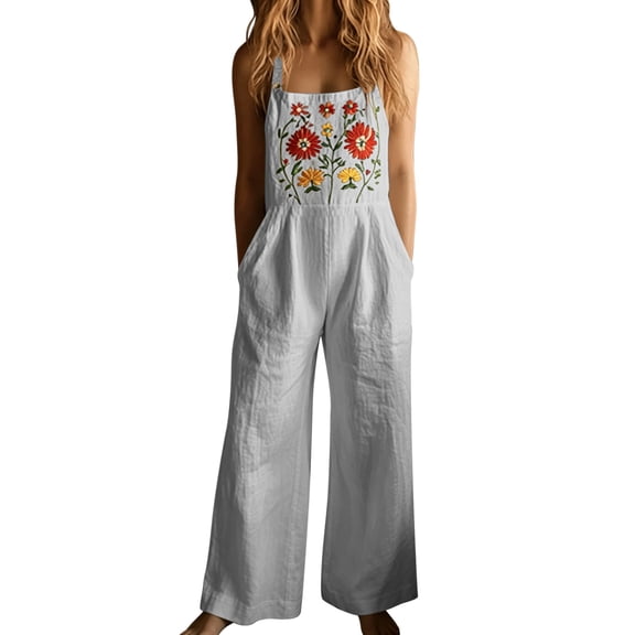 TEAJOPSUU Womens Floral Embroidered Overalls Square Neck Wide Leg Jumpsuits Spaghetti Strap Long Romper with Pockets Summer Beach Casual Wear Gray