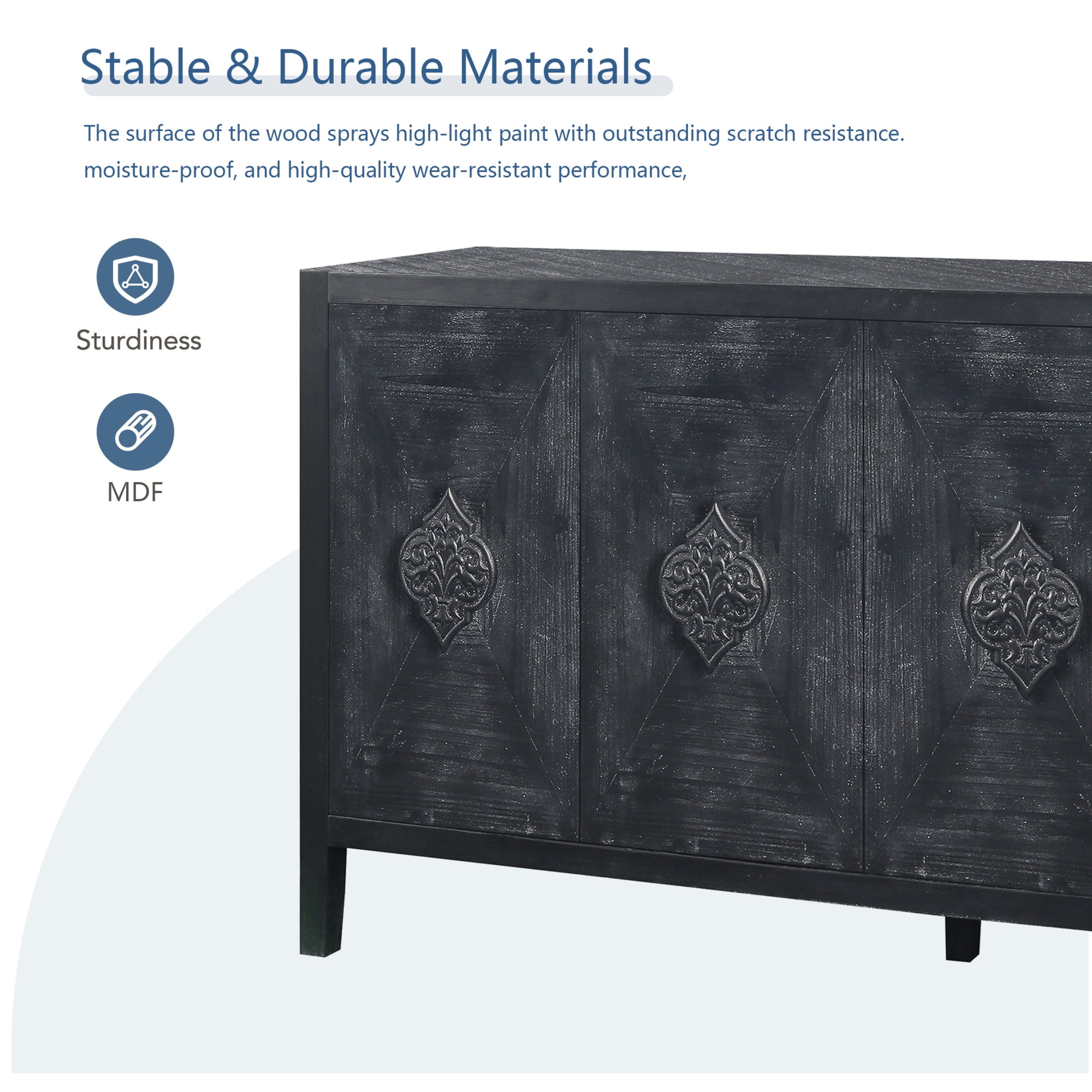 Noble House Carved Flower Door Handle, Antique Four Door Cabinet for Living Room Kitchen Hallway, Antique Black