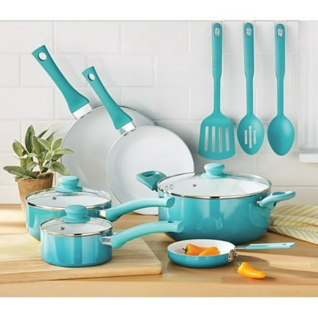 

Mainstays Ceramic Nonstick 12 Piece Cookware Set Teal Ombre Hand Wash Only