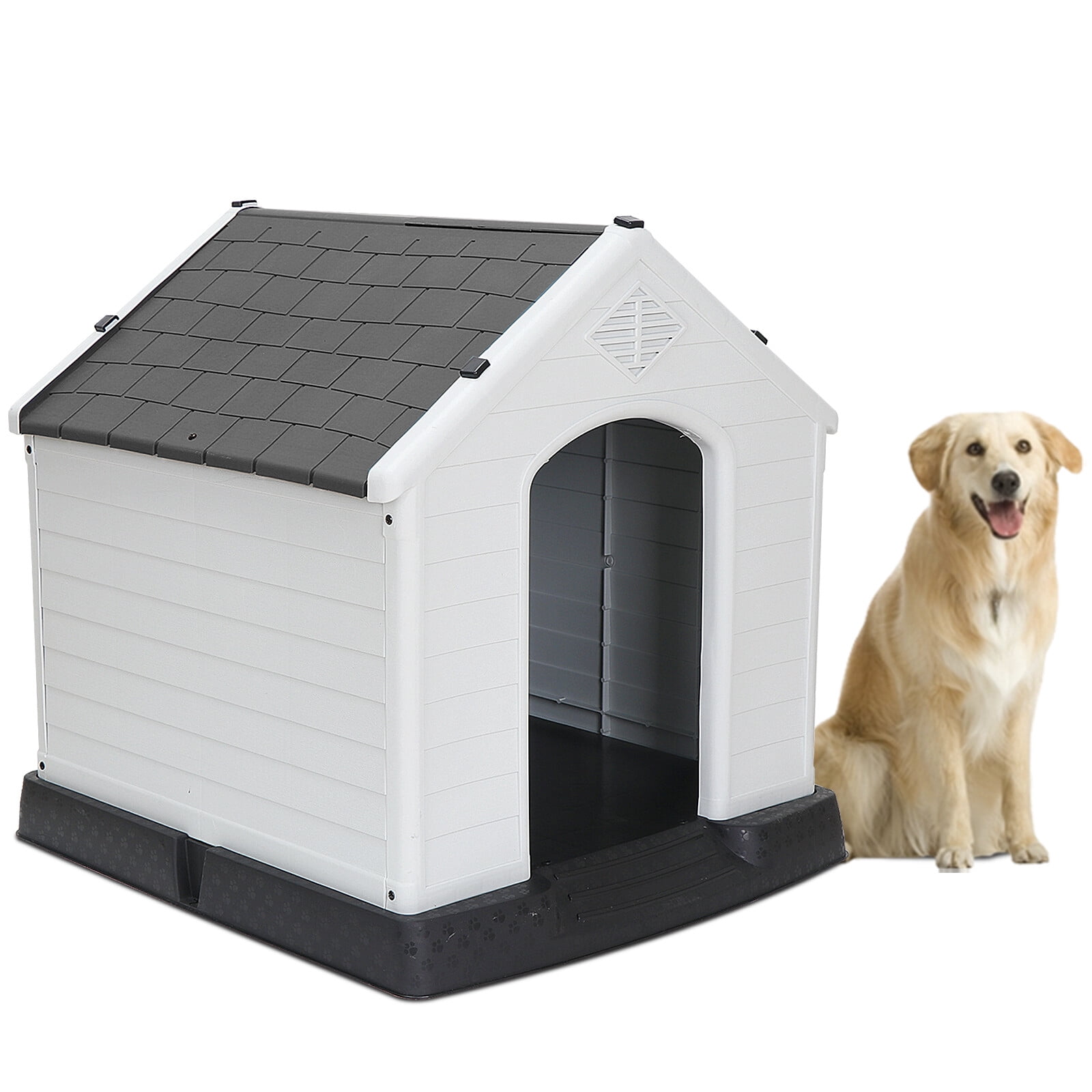 Favory Large Plastic Dog House - Waterproof Dog Kennel with Air Vents and Elevated Floor All Weather Indoor Outdoor Doghouse Puppy Shelter, Easy to Assemble