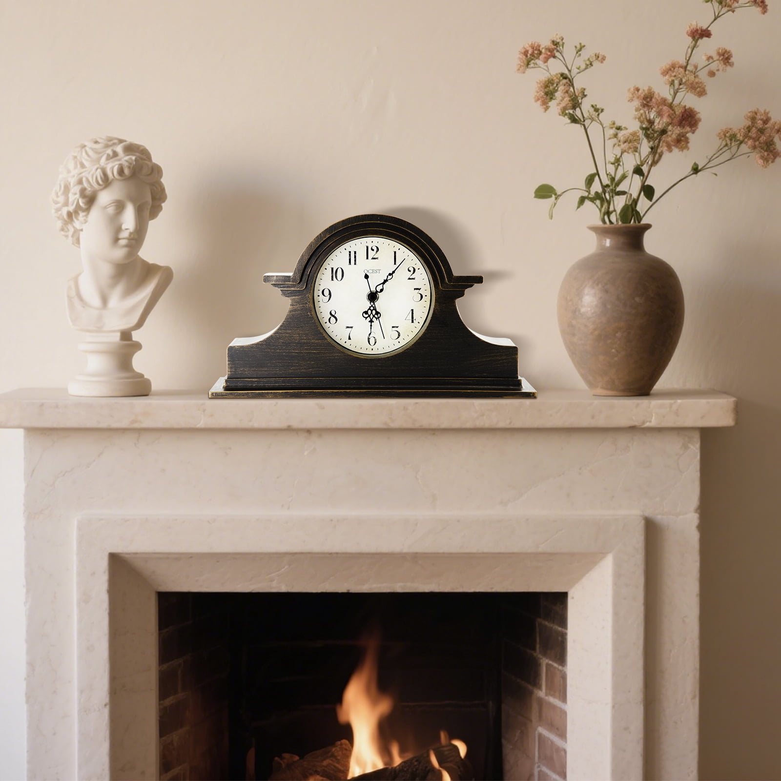 OCEST Vintage Mantel Clock, 13x7inch Battery Operated Wooden Mantel Clock, Silent Desk Shelf Vintage Clock for Living Room,Home Decor Gift, Elegant Wooden Frame