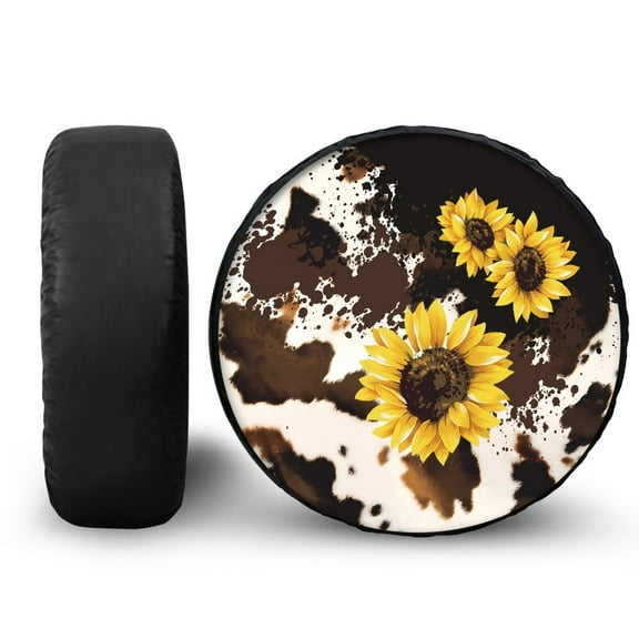 Yuyamidu Brown Cow Print Spare Tire Cover Sunflower Wheel Cover for, Trailer, RV, SUV, Truck and Many Vehicle 14-19" Fits for Tire Diameter 60-89cm