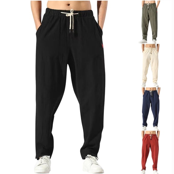 Mens Loose Fit Linen Pants Casual Lightweight Drawstring Stretch Cotton Linen Pants for Men Summer Beach Size M-4XL Wine