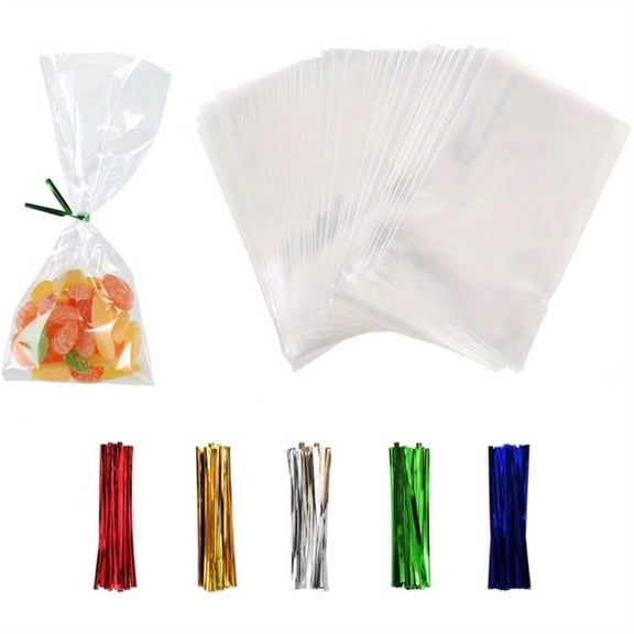 150PCS Clear Cellophane Treat Bags with 150PCS Twist Ties, OPP Rice Crispy Bags for Gift Goodie Favor Candy Cake Pop Birthday Party Cookies Christmas New Year Wedding Party (3'' x 4'')