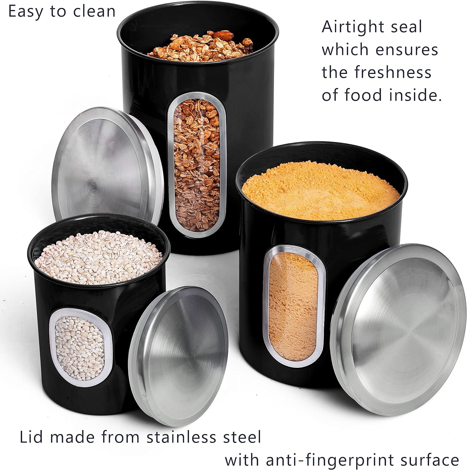 Mixpresso 3 Piece Black Canisters Sets For The Kitchen, Kitchen Jars With See Window, Airtight Coffee Container Tea Organizer & Sugar Canister, Kitchen Canisters Set of 3 Black Kitchen Décor