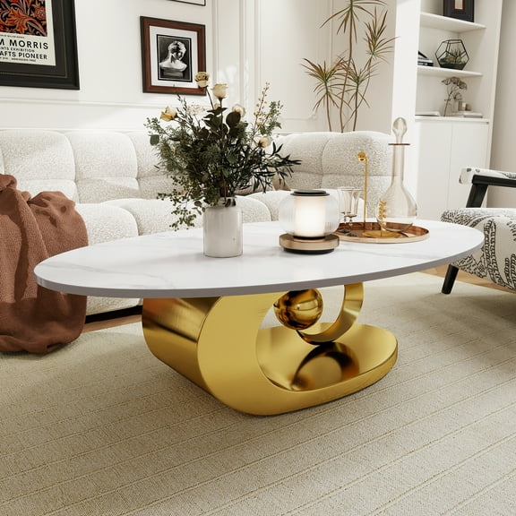 Oval Coffee Table Modern Minimalist Faux Marble Top with Sculptural Gold Stainless Steel Base Luxury SpaceSaving Design art deco coffee table 51.2"L x 27.6"W