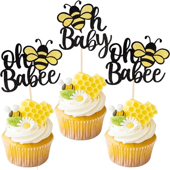 Bee Themed Baby Shower Cupcake Toppers 12 PCS, Glitter “Oh Babee” Picks for Gender Reveal and First Birthday Party Decorations
