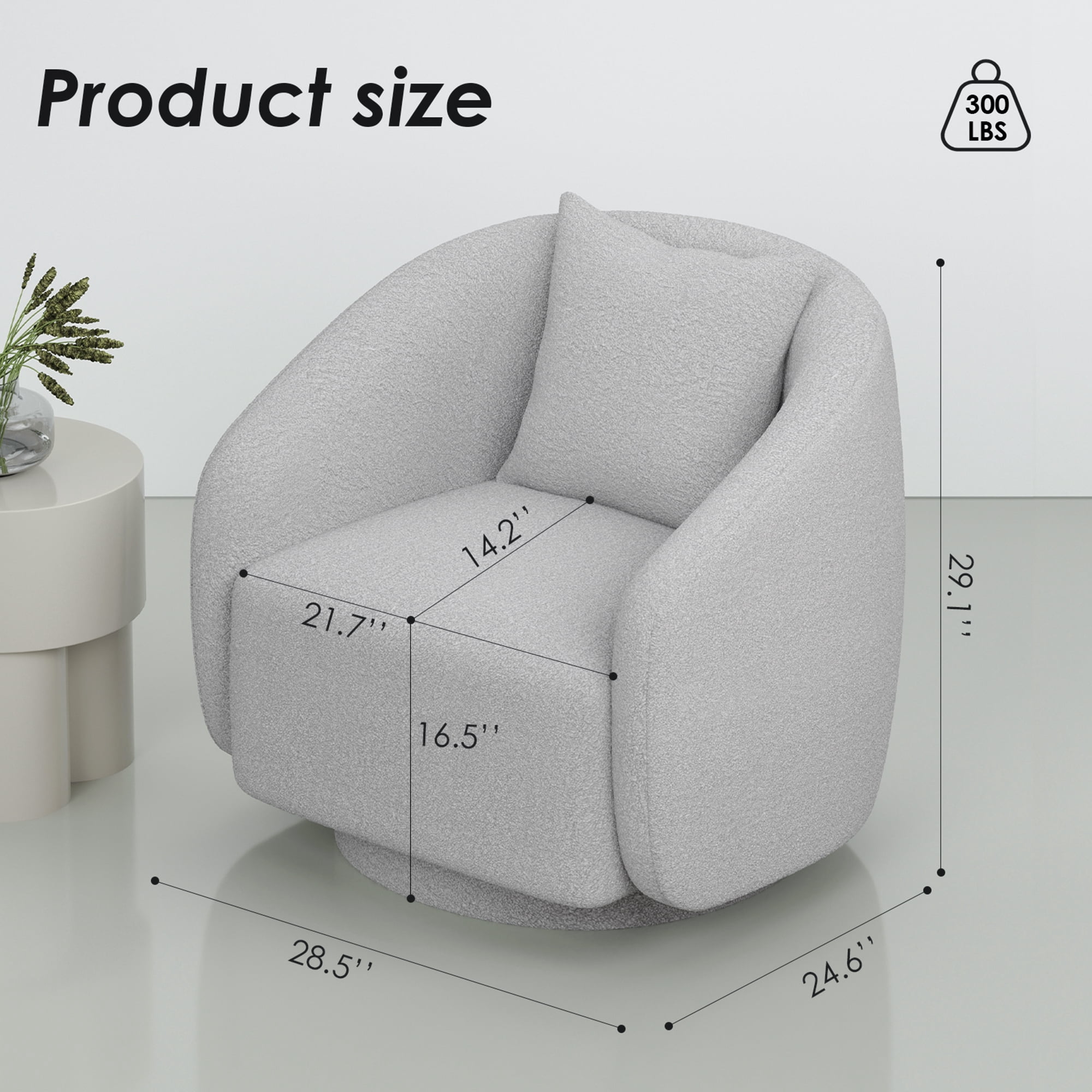 MAYEERTY 28.5" Gray Teddy 360° Swivel Barrel Accent Chair, 300LBS Solid Wood Frame Small Armchair with Pillow for Bedroom Kids Room