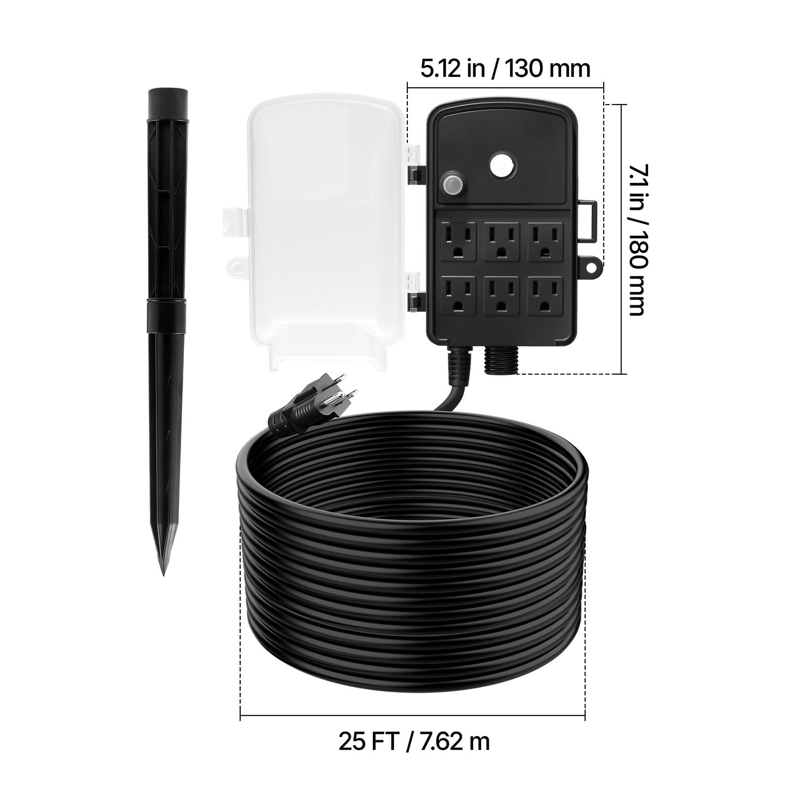 KFFKFF Outdoor Power Stake with 25 FT Extension Cord, Weather-Resistant Power Strip with Cover and Overload Protection, 6 Outlets, 15A/1875W Capacity, Waterproof Yard Stake for Holiday Lighting