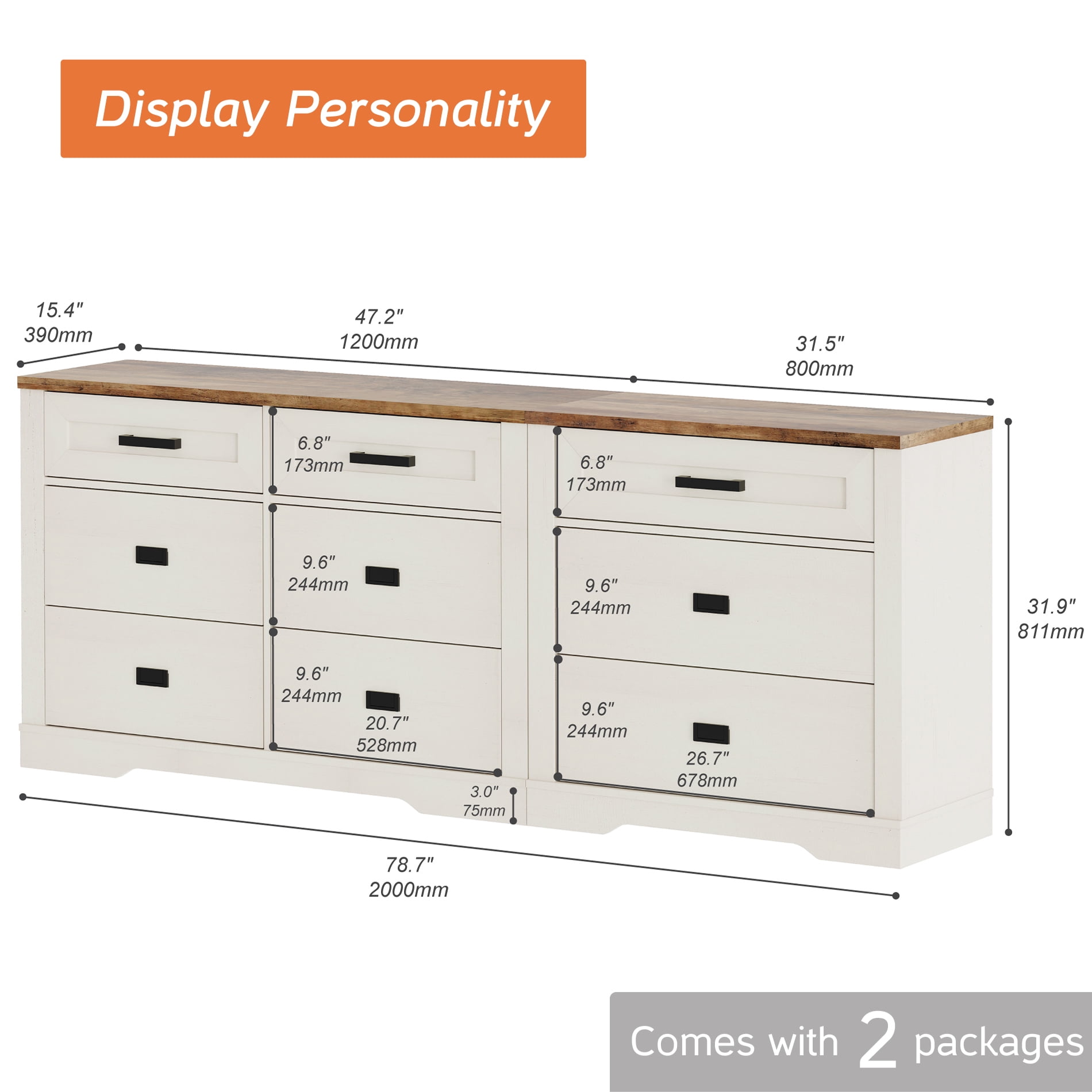 WAMPAT 2 in 1 Dresser with 9 Drawers for Bedroom, Wooden Dressers with Wide Chest of Drawers,Modern Farmhouse Dresser TV Stand with Metal Handles for Living Room, Hallway,Antique White