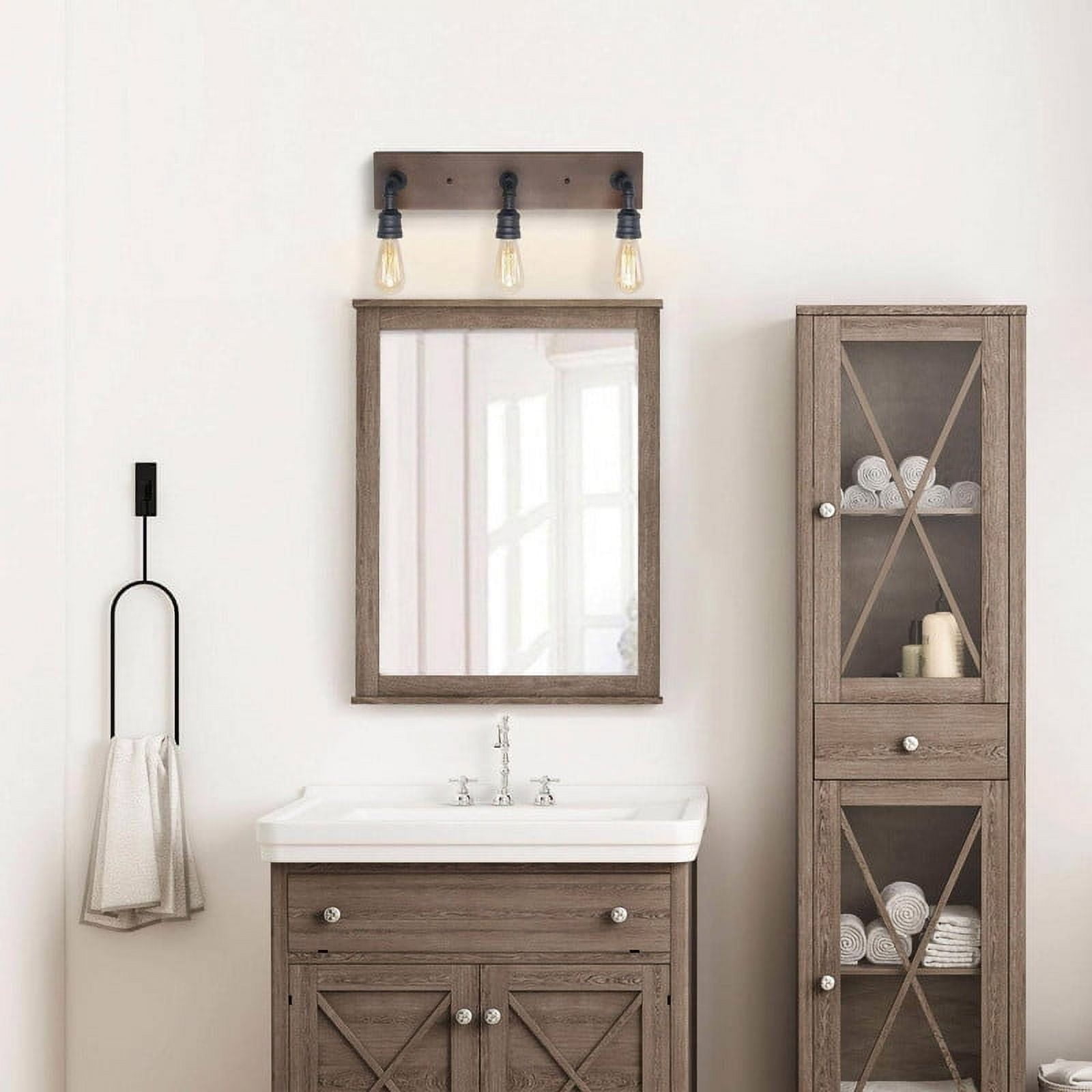 LNC 22-in 3-Light Brown Wood and Matte Black LED Farmhouse Vanity Light for Bathroom