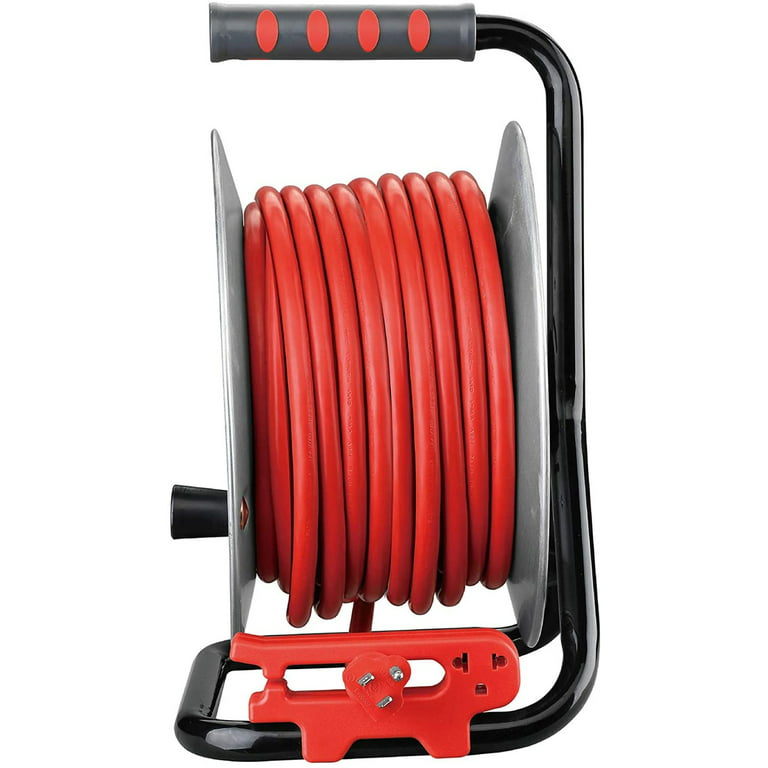Link2Home HEAVY DUTY Professional Grade Metal Cord Reel - High Visibility  50 ft. 12 AWG SJTW Extension Cord with 4 Power Outlets