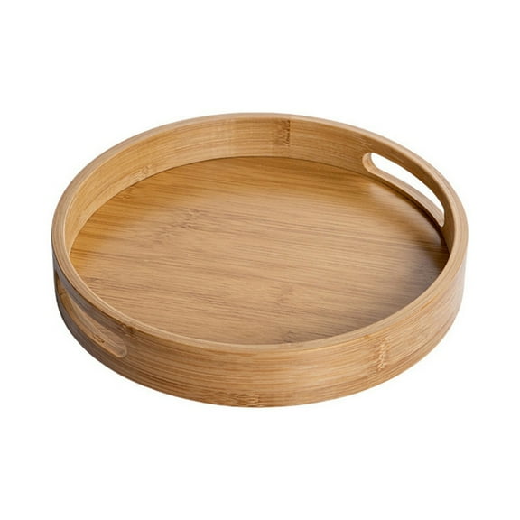 15.7 inch Bamboo Round Serving Tray, Wood Tray with Handles, Natural Wooden Tray for Ottoman, Kitchen/Coffee Table