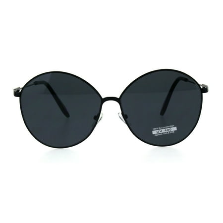- Womens Designer Fashion Metal Rim Large Round Diva Sunglasses All Black