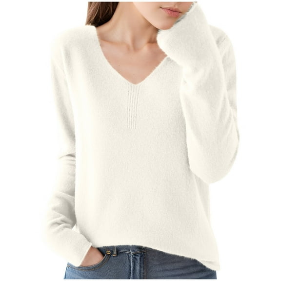 hotojiny Womens Sweaters V Neck Long Sleeve Soft Tops Solid Color Thermal Knit Pullover Sweaters Casual Shirts Fashion Clothing