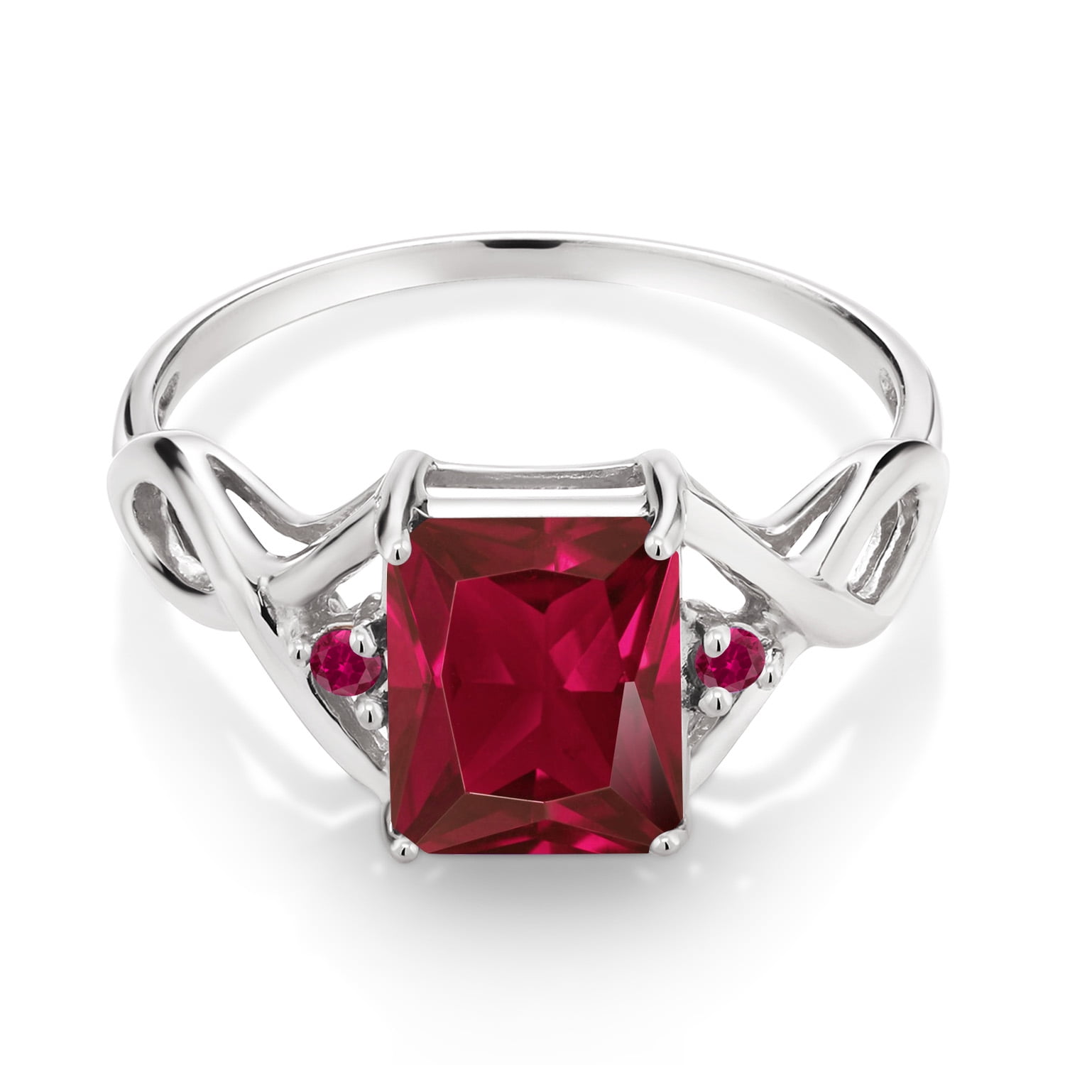 Gem Stone King 2.83 Cttw Red Created Ruby Ring for Women | 925 Sterling Silver | Emerald Cut 9X7MM | Three Stone Wedding Engagement Anniversary Promise Ring for Women | Size 6