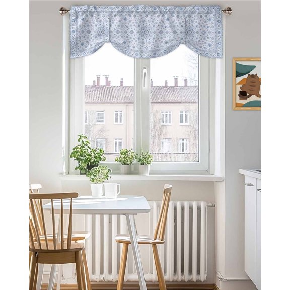Tie Up Valance Curtain for Kitchen, Boho Retro Blue Flower Leaves Pattern Rod Pocket Curtains Adjustable Tie-Up Shade Valances 42x18in, Rustic Seamless Floral Window Treatment for Bedroom Bathroom