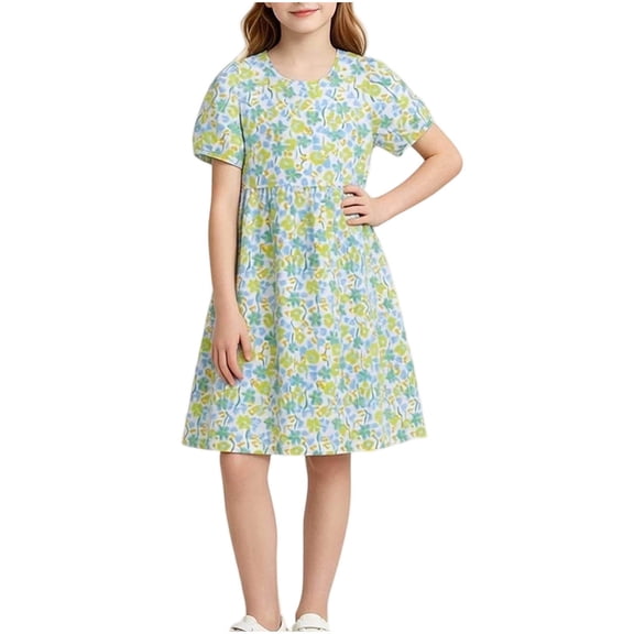 Amidoa Girls Summer Dresses Puff Sleeve A-Line Short Sleeve Floral Print Dresses Casual Kids Print Cotton Sundress White Size 12