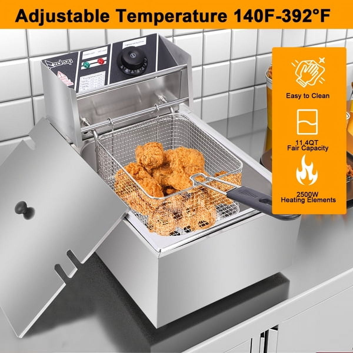 6L Commercial Deep Fryer, 2500W Electric Tabletop Fryer with Basket, Fast Heating Restaurant Fryer for Home Kitchen, Food Truck, Silver