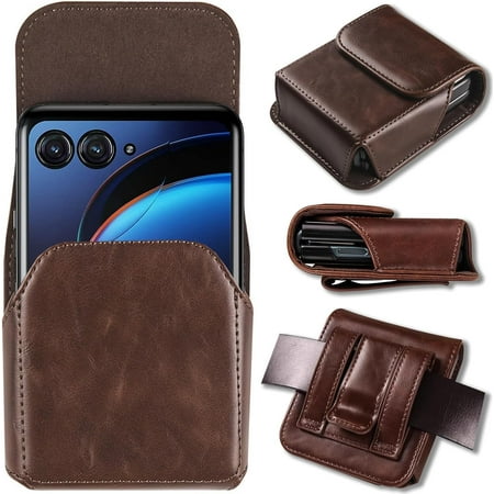 Frusde for Samsung Galaxy Z Flip 5 / Z Flip 4 /Z Flip 3 Leather Phone Holster with Belt Clip Pouch Waist Bag for Motorola Razr-Coffee