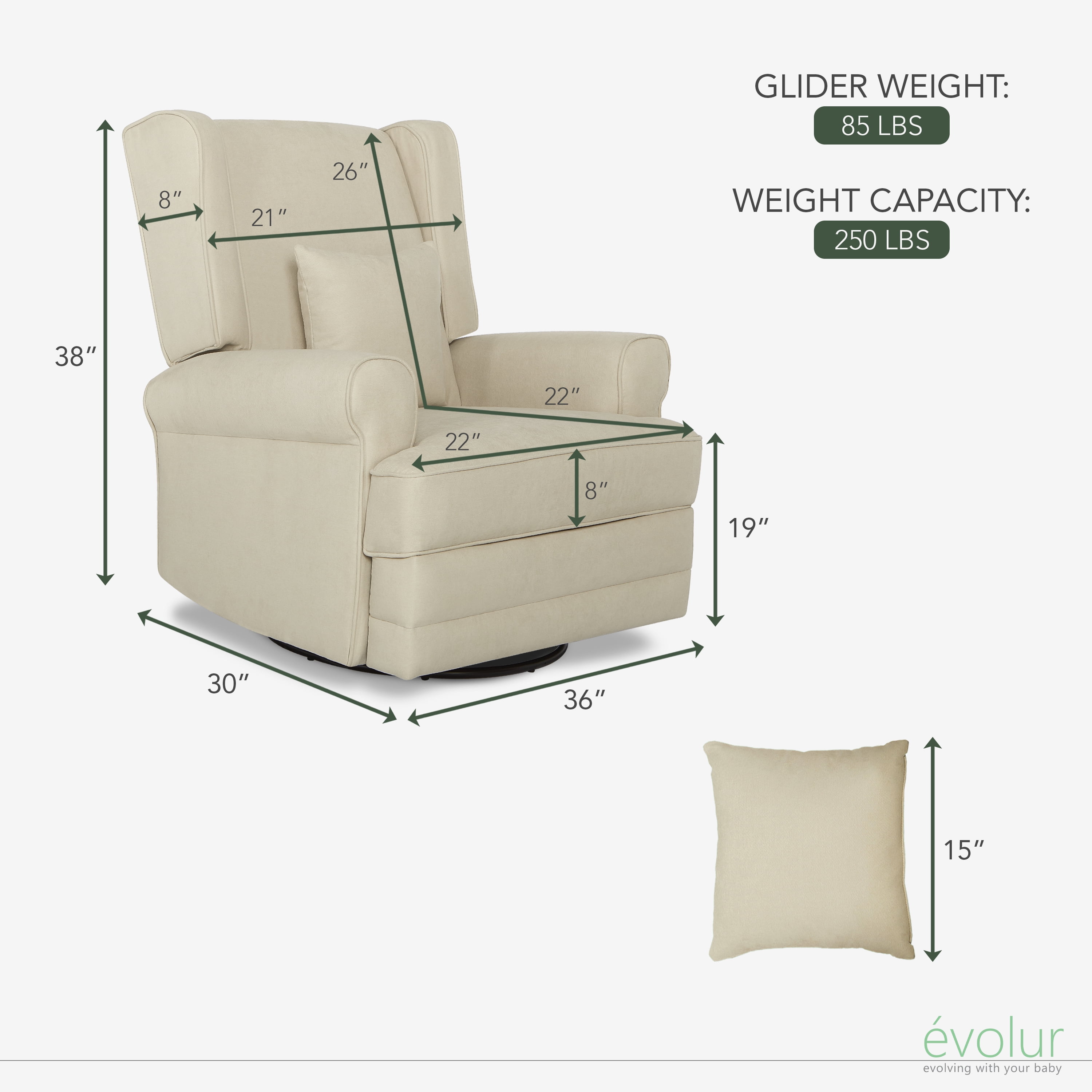 Evolur Melbourne Wing Back Swivel Glider I Nursery Glider I Durable Soft Fabric I Bonus Pillow In Shell