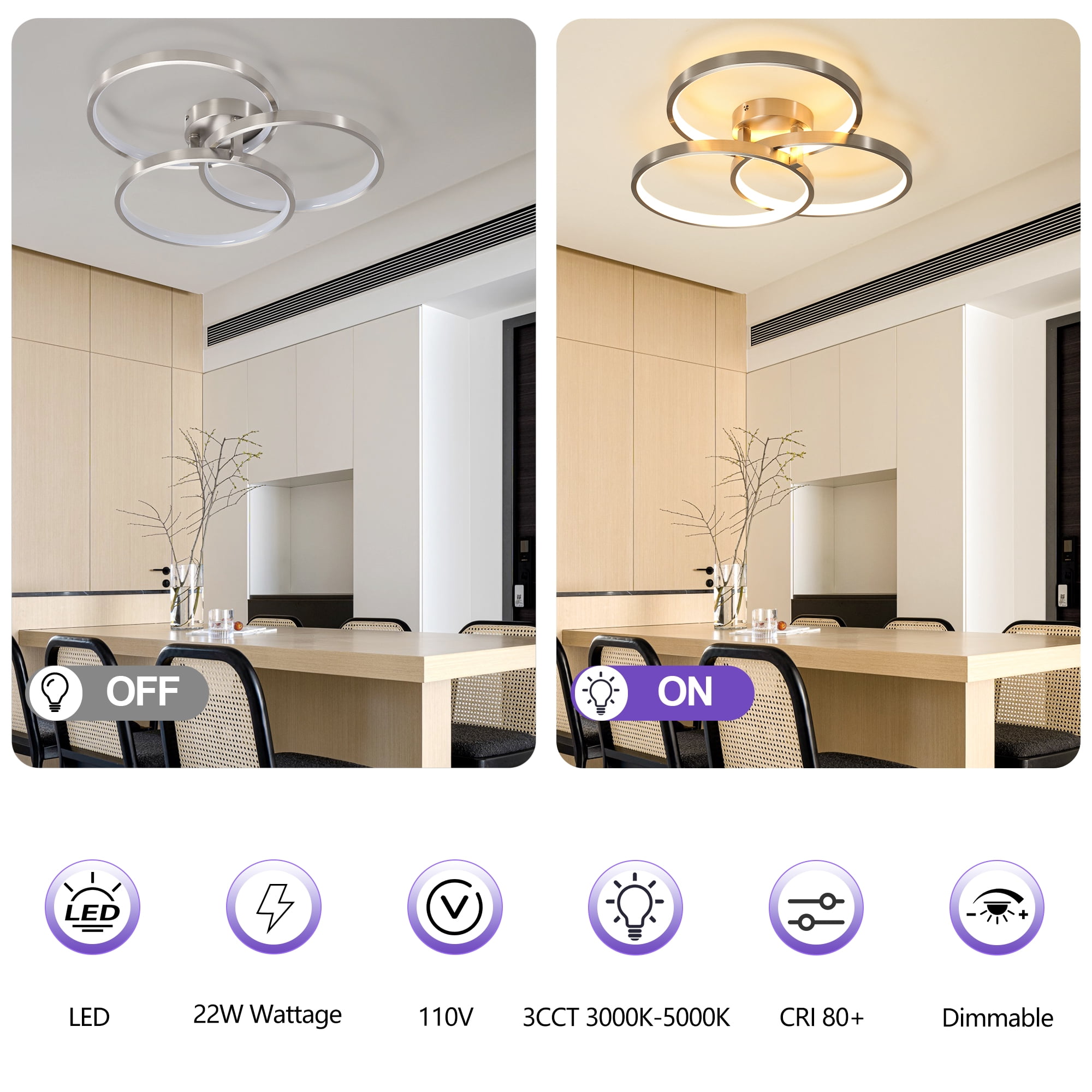 GCGAFUL 19.7"LED Flush Mount Ceiling Light, Modern Silver Close-to-Ceiling Light with 3CCT for Bedroom, Living Room, Hallway