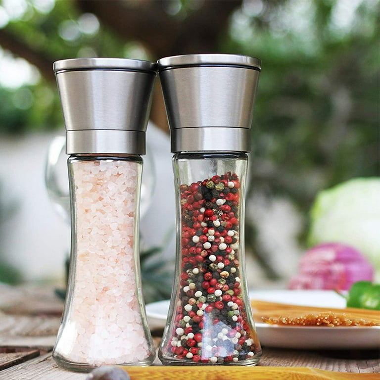 Salt and Pepper Grinder Set of 3 - Salt and Pepper Shakers, Adjustable Ceramic Sea Salt Grinder & Pepper Grinder - Tall Glass Salt and Pepper Shakers
