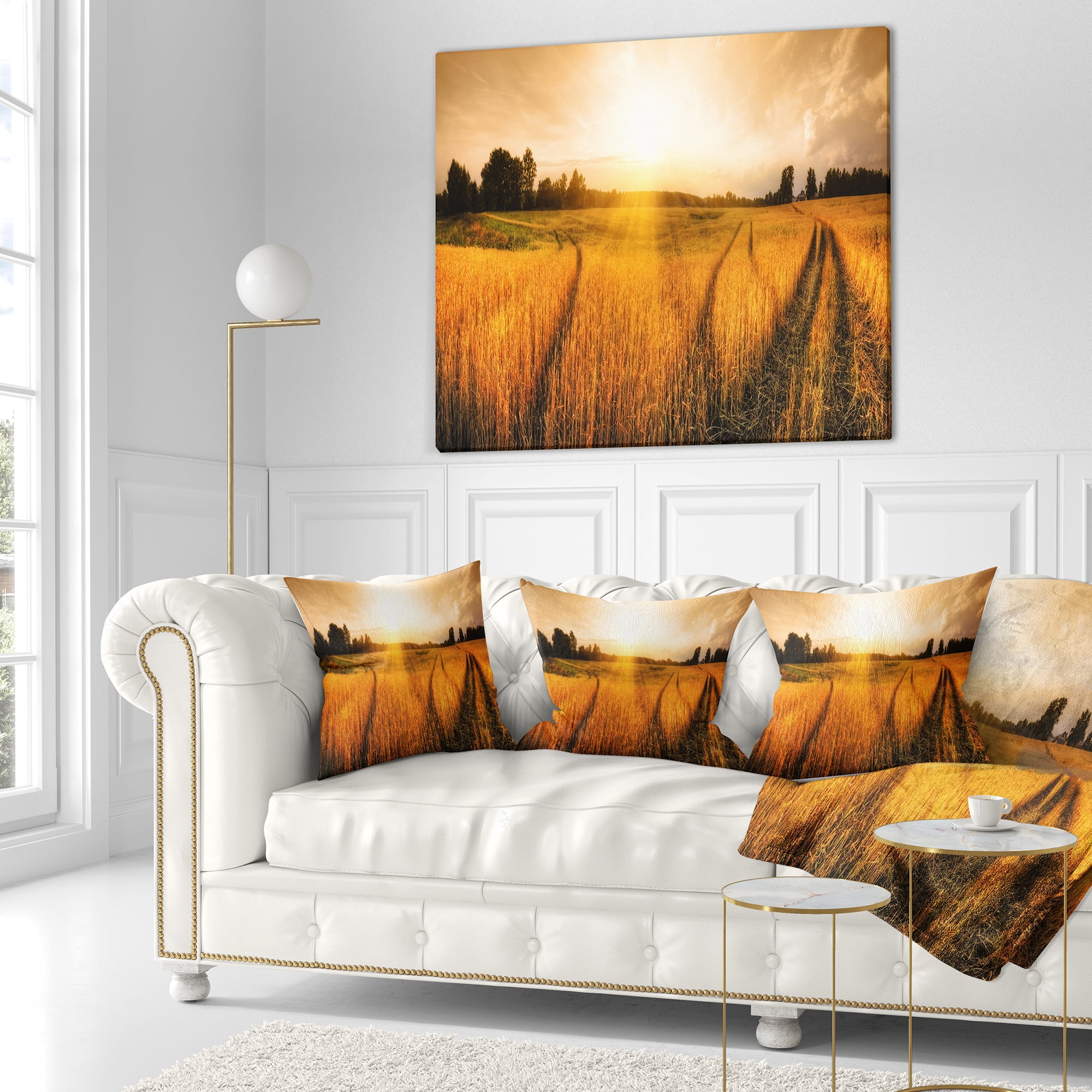 Designart Wheat Field at Sunset Panorama - Photography Throw Pillow - 18x18