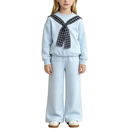 CPNG Girls 2 Piece Outfits Plaid Sailor Collar Crewneck Long Sleeve Sweatshirt with Wide Leg Pants Kids Preppy Loose Casual Set
