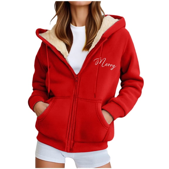 Womens Fleece Lined Zip Up Hoodie Thermal Warm Sherpa Hooded Sweatshirts Letter Print Sweaters Cute Outerwear Coat