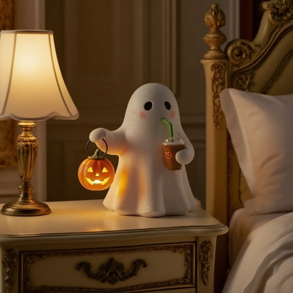 Handmade Ghost Coffee Pumpkin Night Light, Funny Holiday Mini Gothic Light Up Ornaments, 3D LED Cute Spooky Resin Ghost Statue Lamp Decorations 5.51" (White)