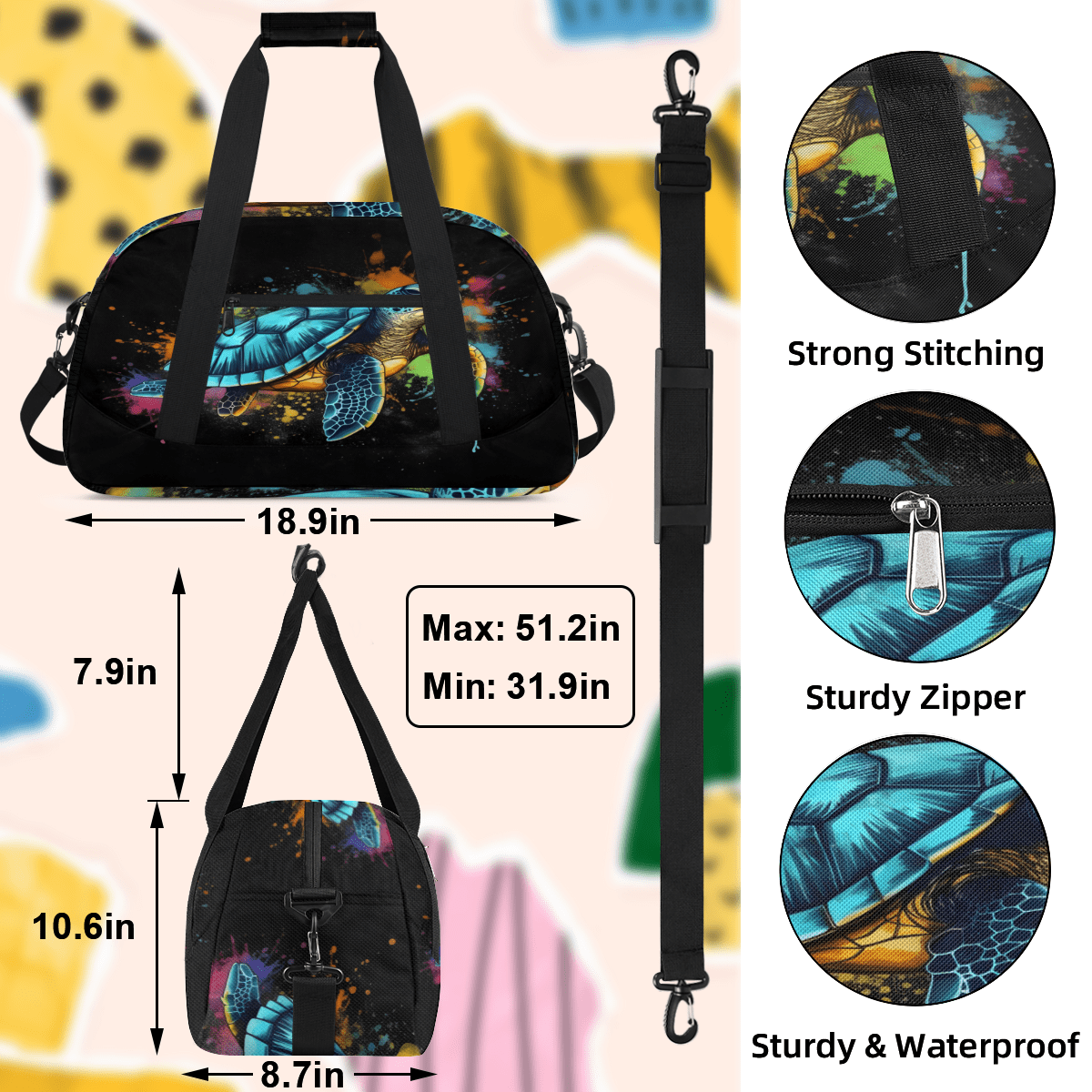 Herdesigns Colorful Sports Duffle Bag for Women & Men, Sea Turtle Gym Bag Dance Bag Overnight Bag Carry On Weekender Travel Bag