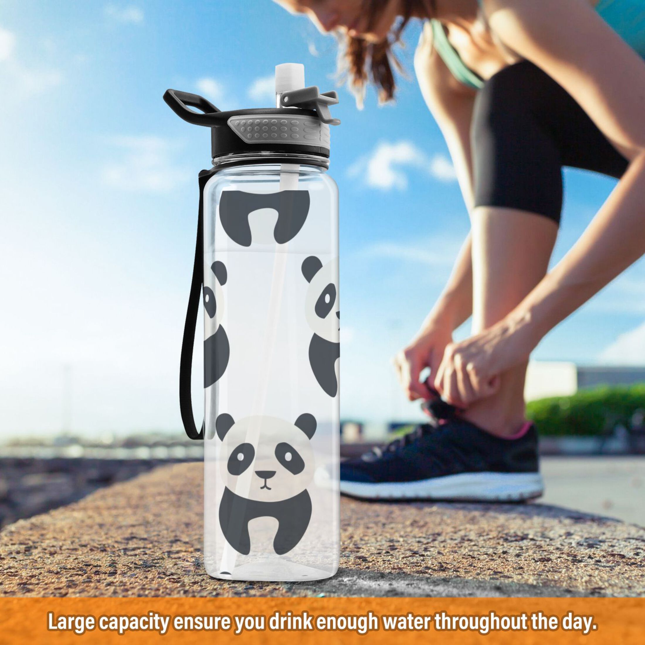 32 Oz Sports Water Bottle with Straws Pandas Silhouette Tritan Clear Bottles BPA Free Leakproof Cup for Outdoor School Gym Fitness