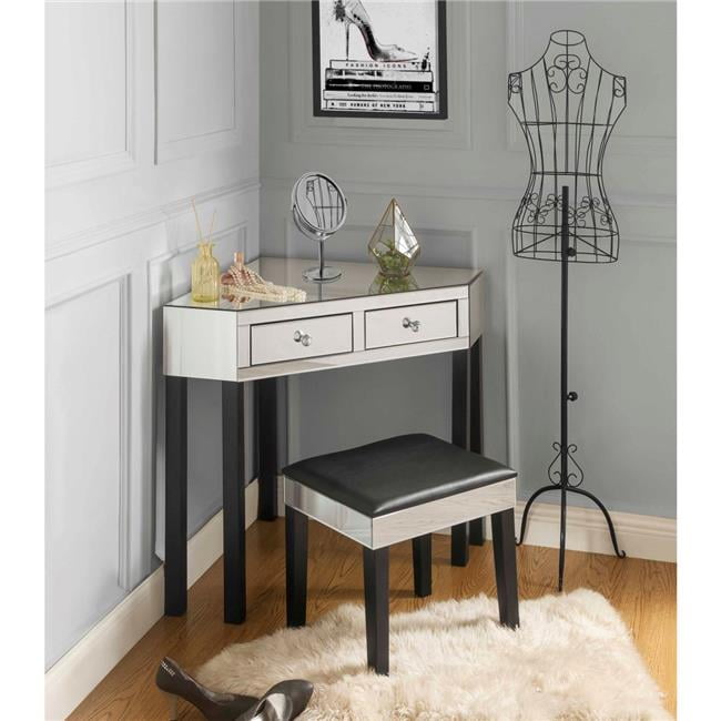 Posh Living JF97-07BK Perry Mirrored Corner Makeup Vanity Table with