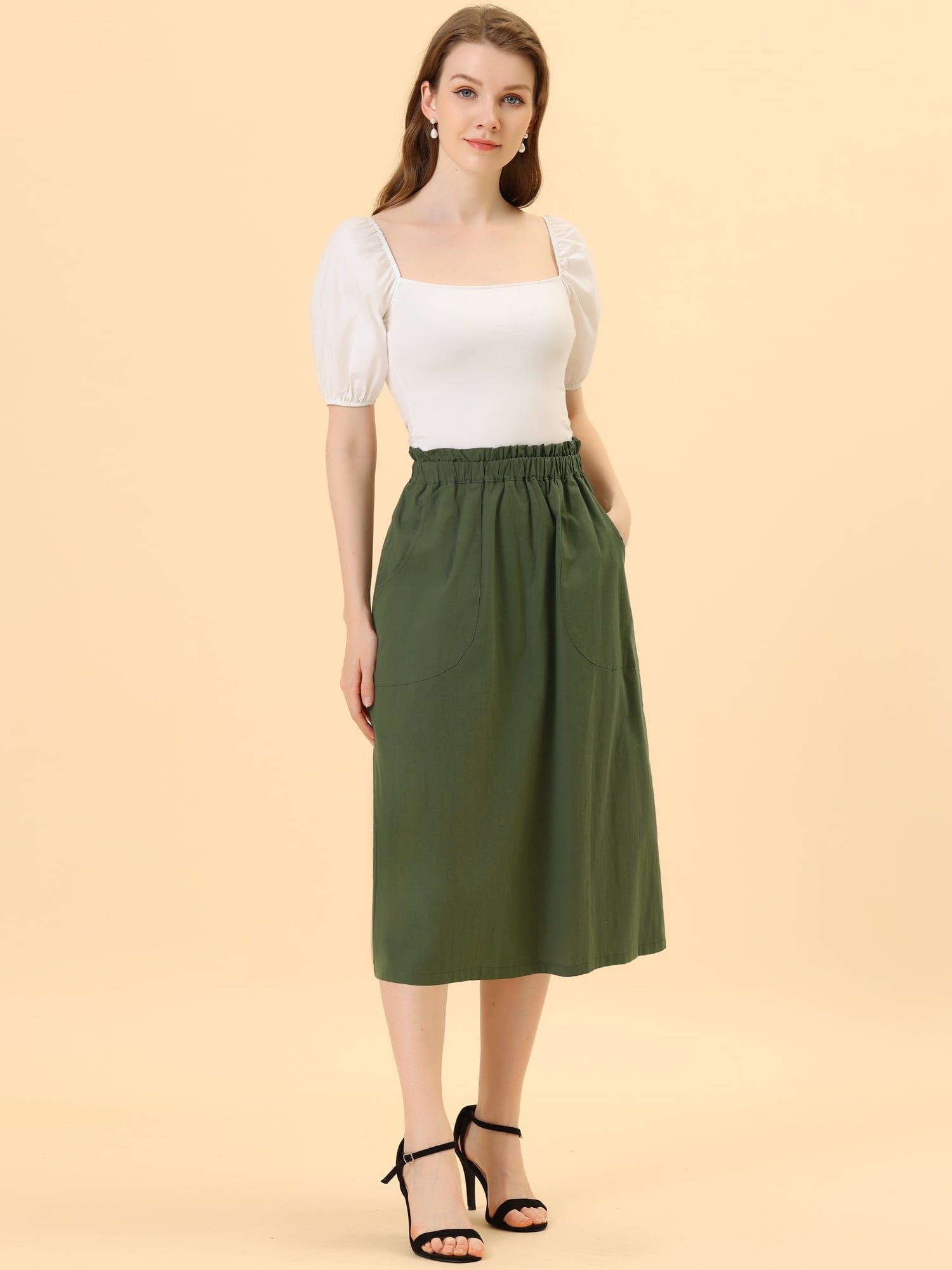 DARING DIVA Women's Cotton A-Line Midi Skirt with Pockets XS Army Green