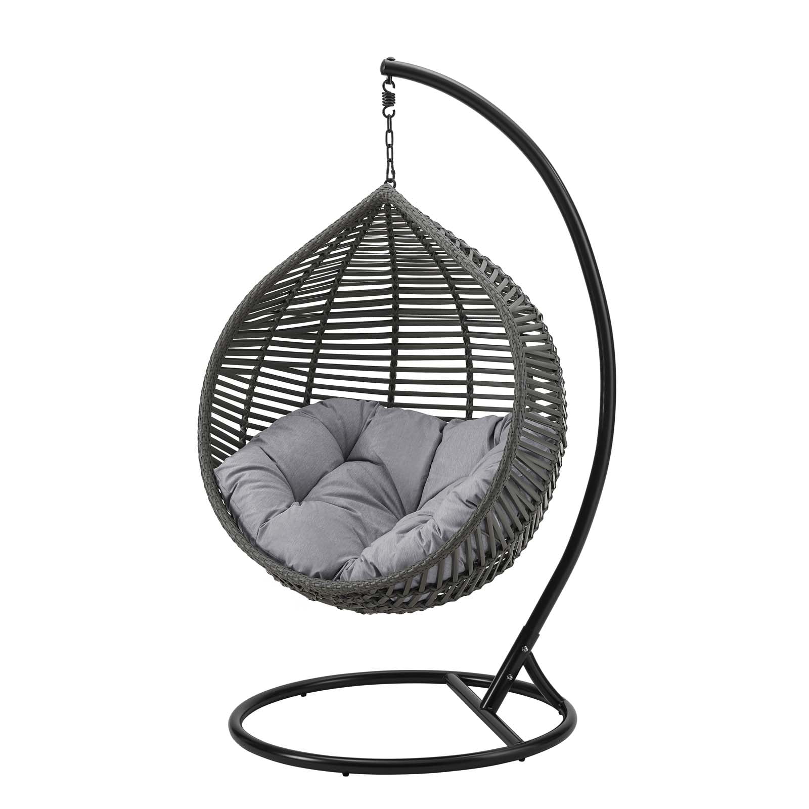 Gray Wicker Teardrop Hanging Chair with Cushions