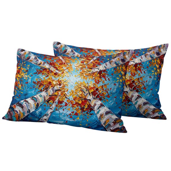 Autumn Trees Outdoor Pillow Covers 20x12 Set of 2, Waterproof Patio Throw Pillowcase Protectors, Vintage Orange Red Leaves Blue Oil Painting Lumbar Decorative Pillow Shams Cushion Covers for Seat