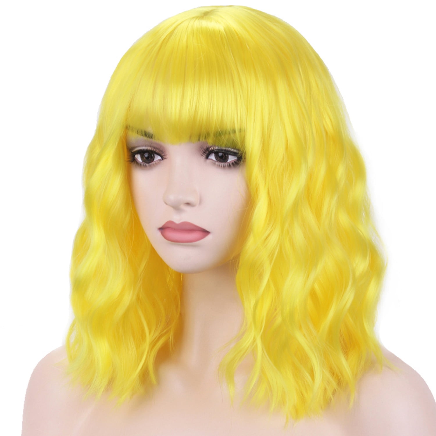 BERON Yellow Wigs Short Curly Bob Wig with Bangs Wavy Hair Wigs 14 Inches Women's Synthetic Wigs Daily Party Use