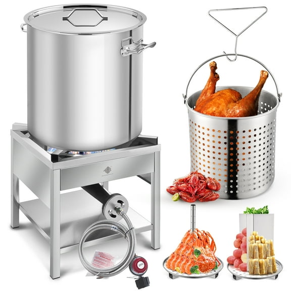 64QT Stainless Steel Seafood Boiling Kit, 200,000BTU Propane Burner And Crawfish Boil Pot w/Basket and Steamer Rack, For Outdoors Cooking and Steaming, Large Turkey Fryer Pot, Lobster Shrimp Pot