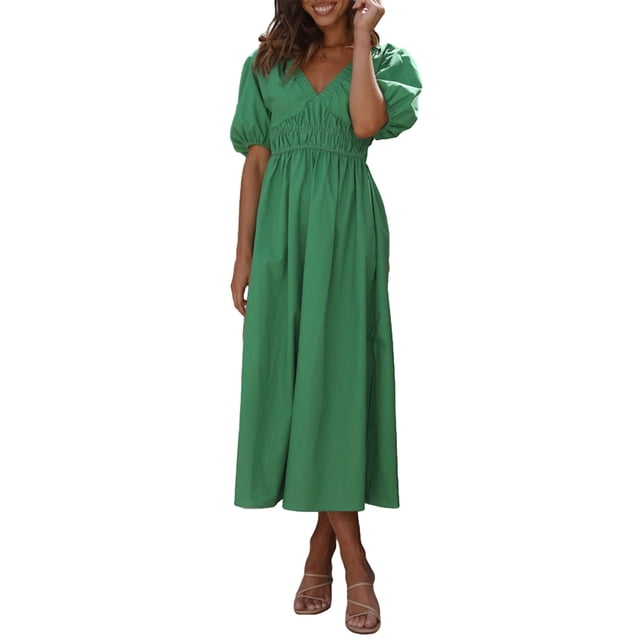 Faithtur Robe Longue Décontractée d'Été pour Femmes Couleur Unie Froncée Col en V Manches Courtes Mode Plage Vacances